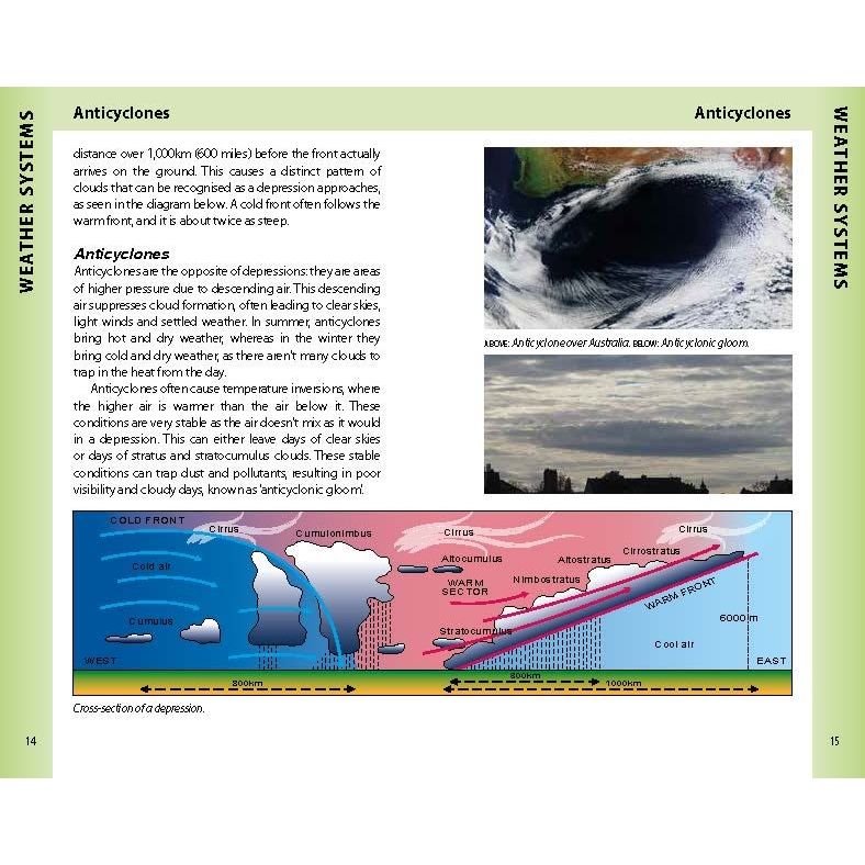 Discover weather systems with Reeds Cloud Handbook. It includes detailed explanations of anticyclones and depressions, diagrams like a depression's cross-section with front labels, and an Australian anticyclone showing high pressure—all vital for outdoor enthusiasts identifying clouds.