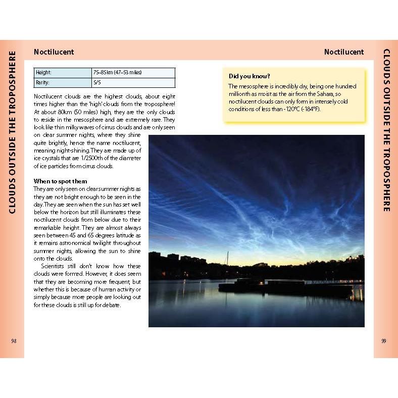 Explore noctilucent clouds with the Reeds Cloud Handbook by Reeds, featuring insights on their height, rarity, and appearance. Highlighted is a rare sighting at 120°N above city lights—a must-have for outdoor enthusiasts keen on cloud identification and weather prediction.