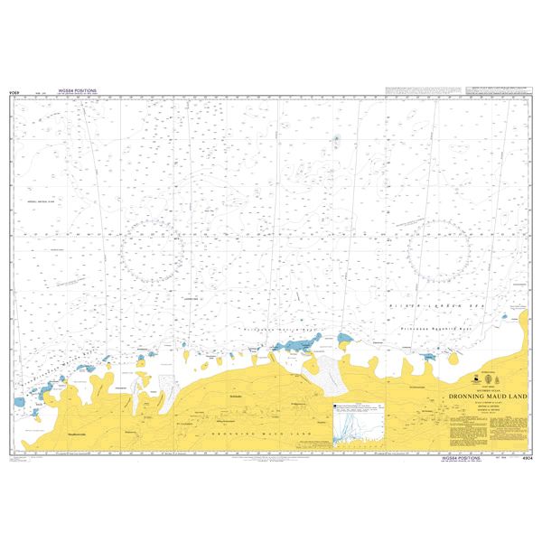 Product image of Admiralty Chart 4904 | Dronning Maud Land, featuring navigational markings, depth soundings, and coastal features, essential for safe marine navigation. It could be displayed as an art piece or used for navigation on a boat or ship.