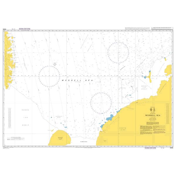 Product image of Admiralty Chart 4906 | Weddell Sea, featuring navigational markings, depth soundings, and coastal features, essential for safe marine navigation. It could be displayed as an art piece or used for navigation on a boat or ship.