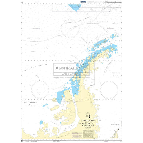 The Admiralty Chart 4907, titled "Approaches to the Antarctic Peninsula," offers detailed views of the region's coastline intricacies, water depths, navigational hazards, and ocean currents. Islands and key areas are annotated for safe navigation using official paper charts.