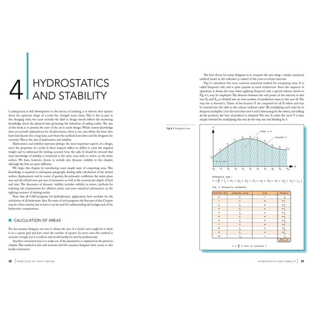 Page from a textbook titled "Principles of Yacht Design" by Adlard Coles. It explores naval architecture, focusing on ship design principles. It includes a graph of a ship's cross-section with an area table and begins discussing the calculation of areas, providing essential insights for aspiring yacht designers.