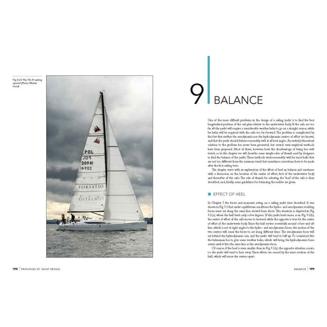 An image of a sailboat with "POL 39" on its sail gracefully sails through the waters beneath a cloudy sky. The large, fully extended sail highlights the sleek design of the yacht. The page explores sailboat balance and features insights into the "Effect of Heel," showcasing expert knowledge from Adlard Coles' *Principles of Yacht Design*.