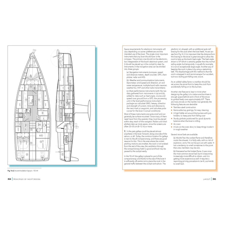 The left page of "Principles of Yacht Design" by Adlard Coles showcases a yacht's accommodation layout, highlighting different sections and rooms. On the right page, the focus shifts to Yacht Design, with detailed emphasis on electronic systems and safety features designed by expert Boat Builders in Naval Architecture.