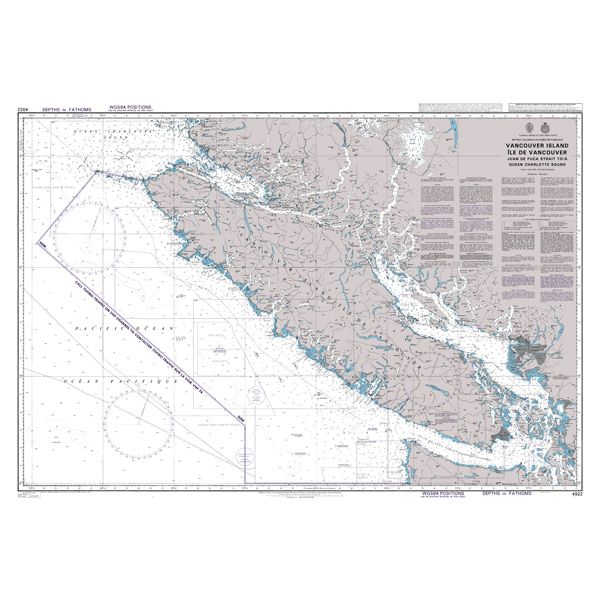 Product image of Admiralty Chart 4922 | Vancouver Island Ile de Vancouver Juan de Fuca Strait to/a Queen Charlotte Sound, featuring navigational markings, depth soundings, and coastal features, essential for safe marine navigation. It could be displayed as an art piece or used for navigation on a boat or ship.