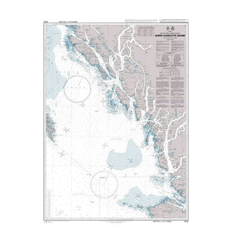 Product image of Admiralty Chart 4923 | Queen Charlotte Sound, featuring navigational markings, depth soundings, and coastal features, essential for safe marine navigation. It could be displayed as an art piece or used for navigation on a boat or ship.