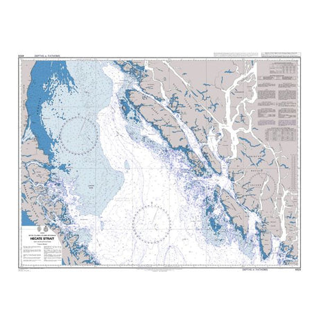 Product image of Admiralty Chart 4928 | Hecate Strait, featuring navigational markings, depth soundings, and coastal features, essential for safe marine navigation. It could be displayed as an art piece or used for navigation on a boat or ship.