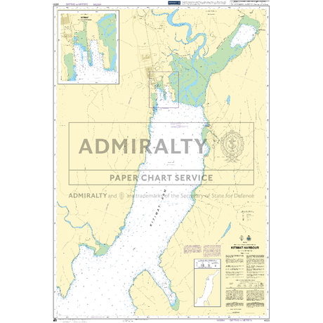 Product image of Admiralty Chart 4931 | Kitimat Harbour, featuring navigational markings, depth soundings, and coastal features, essential for safe marine navigation. It could be displayed as an art piece or used for navigation on a boat or ship.