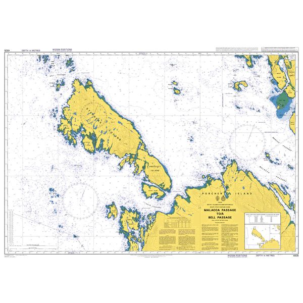 Product image of Admiralty Chart 4935 | Malacca Passage to / a Bell Passage, featuring navigational markings, depth soundings, and coastal features, essential for safe marine navigation. It could be displayed as an art piece or used for navigation on a boat or ship.