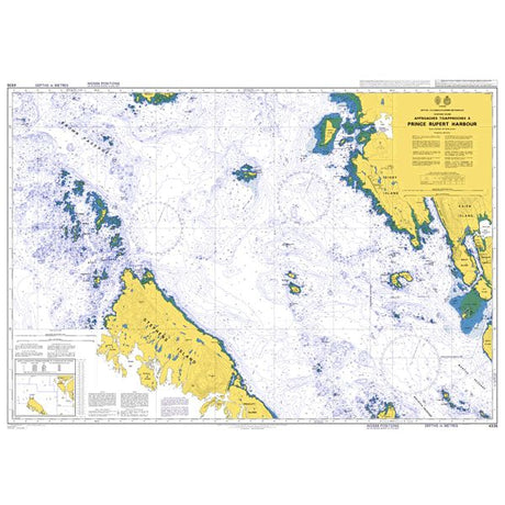 Product image of Admiralty Chart 4936 | Approaches to/Approches a Prince Rupert Harbour, featuring navigational markings, depth soundings, and coastal features, essential for safe marine navigation. It could be displayed as an art piece or used for navigation on a boat or ship.