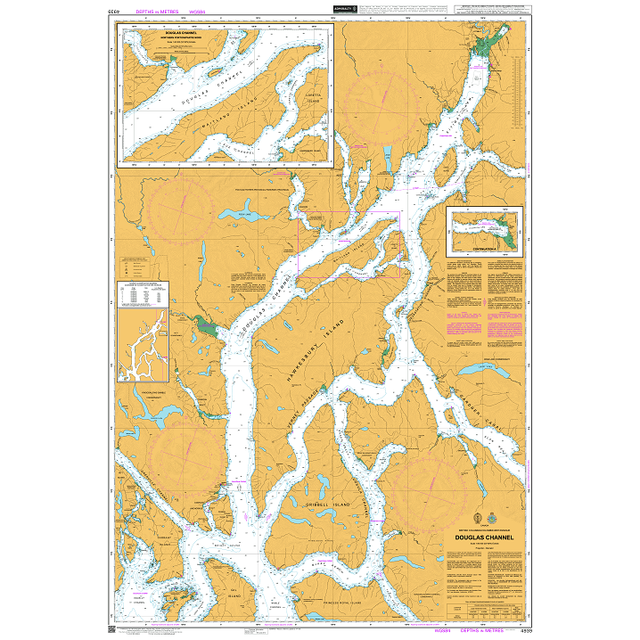 Product image of Admiralty Chart 4939 | Douglas Channel, featuring navigational markings, depth soundings, and coastal features, essential for safe marine navigation. It could be displayed as an art piece or used for navigation on a boat or ship.