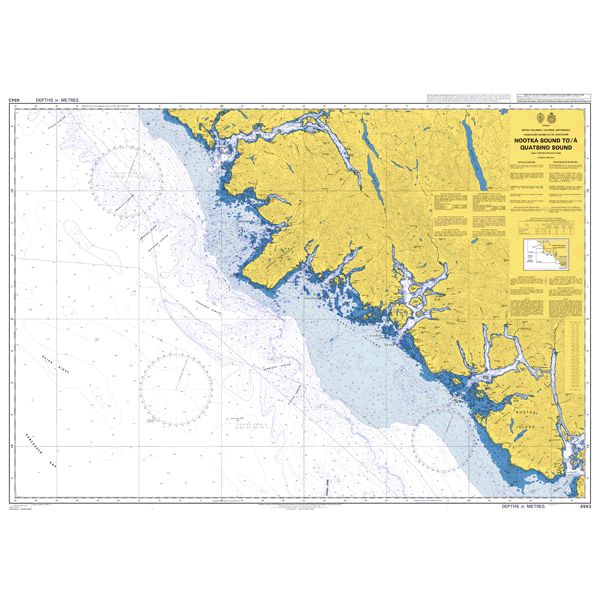 Product image of Admiralty Chart 4943 | Nootka Sound to /A Quatsino Sound, featuring navigational markings, depth soundings, and coastal features, essential for safe marine navigation. It could be displayed as an art piece or used for navigation on a boat or ship.