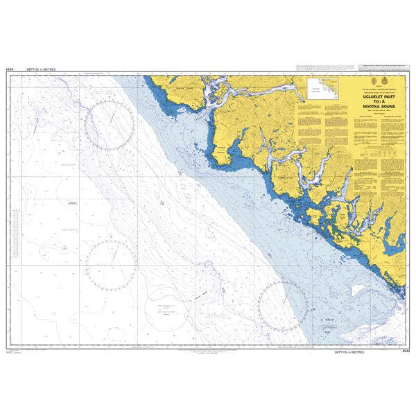 Product image of Admiralty Chart 4944 | Ucluelet Inlet to/A Nootka Sound, featuring navigational markings, depth soundings, and coastal features, essential for safe marine navigation. It could be displayed as an art piece or used for navigation on a boat or ship.