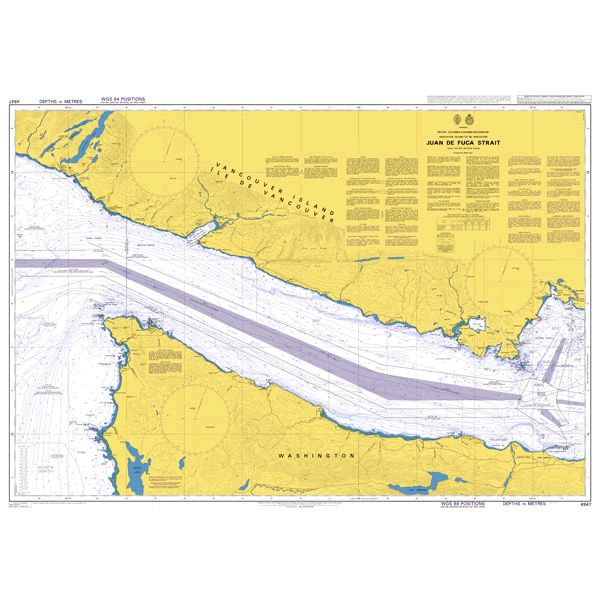 Product image of Admiralty Chart 4947 | Juan de Fuca Strait, featuring navigational markings, depth soundings, and coastal features, essential for safe marine navigation. It could be displayed as an art piece or used for navigation on a boat or ship.