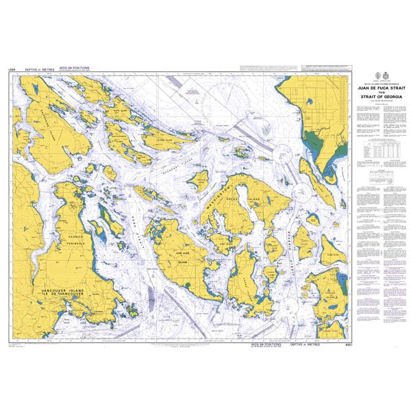 Product image of Admiralty Chart 4951 | Juan de Fuca Strait to/a Strait of Georgia, featuring navigational markings, depth soundings, and coastal features, essential for safe marine navigation. It could be displayed as an art piece or used for navigation on a boat or ship.