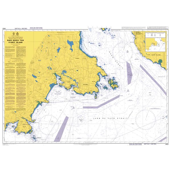 Product image of Admiralty Chart 4953 | Race Rocks to/a D'Arcy Island, featuring navigational markings, depth soundings, and coastal features, essential for safe marine navigation. It could be displayed as an art piece or used for navigation on a boat or ship.