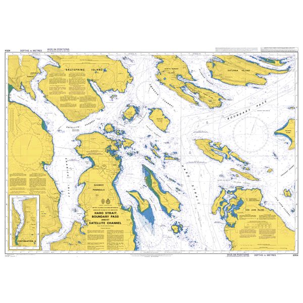 Product image of Admiralty Chart 4954 | Haro Strait, Boundary Pass and/et Satellite Channel, featuring navigational markings, depth soundings, and coastal features, essential for safe marine navigation. It could be displayed as an art piece or used for navigation on a boat or ship.