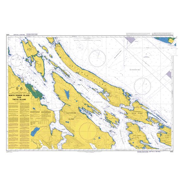 Product image of Admiralty Chart 4955 | North Pender Island to/a Thetis Island, featuring navigational markings, depth soundings, and coastal features, essential for safe marine navigation. It could be displayed as an art piece or used for navigation on a boat or ship.