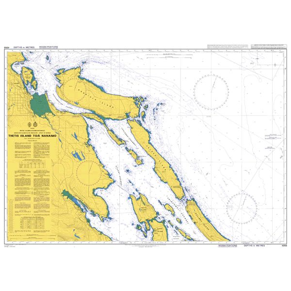 Product image of Admiralty Chart 4956 | Thetis Island to/a Nanaimo, featuring navigational markings, depth soundings, and coastal features, essential for safe marine navigation. It could be displayed as an art piece or used for navigation on a boat or ship.