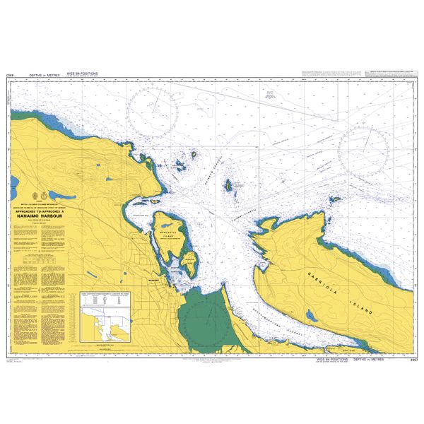 Product image of Admiralty Chart 4957 | Approaches to/Approches a Nanaimo Harbour, featuring navigational markings, depth soundings, and coastal features, essential for safe marine navigation. It could be displayed as an art piece or used for navigation on a boat or ship.