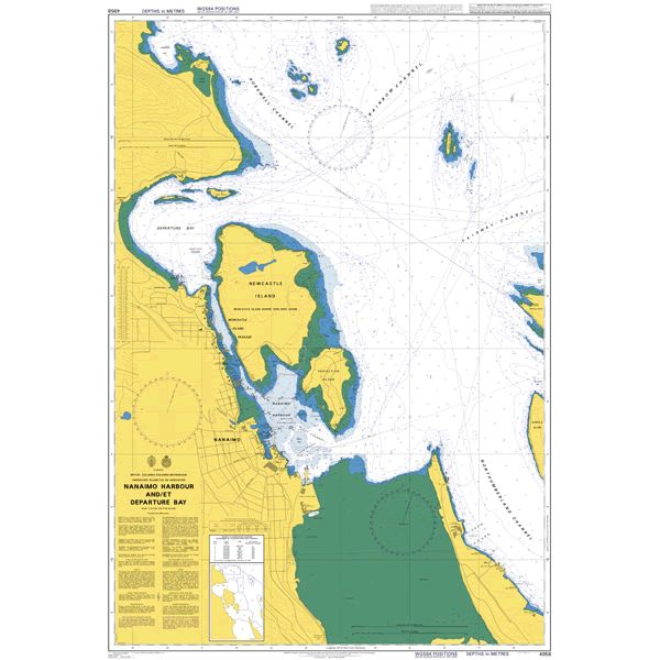 Product image of Admiralty Chart 4958 | Nanaimo Harbour and/et Departure Bay, featuring navigational markings, depth soundings, and coastal features, essential for safe marine navigation. It could be displayed as an art piece or used for navigation on a boat or ship.