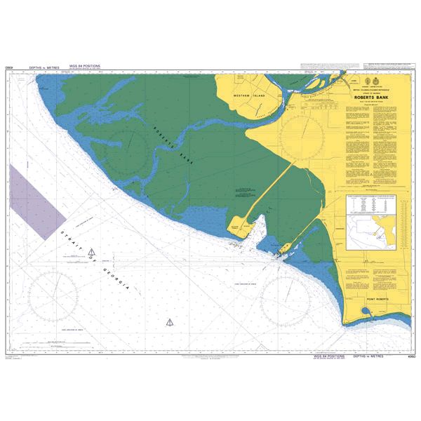 Product image of Admiralty Chart 4960 | Roberts Bank, featuring navigational markings, depth soundings, and coastal features, essential for safe marine navigation. It could be displayed as an art piece or used for navigation on a boat or ship.