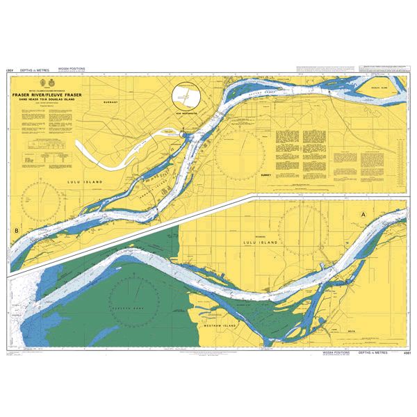 Product image of Admiralty Chart 4961 | Fraser River/Fleuve Fraser, featuring navigational markings, depth soundings, and coastal features, essential for safe marine navigation. It could be displayed as an art piece or used for navigation on a boat or ship.