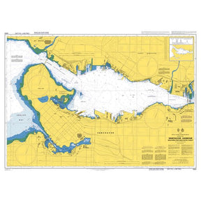 Product image of Admiralty Chart 4963 | Vancouver Harbour Western Portion/Partie Ouest, featuring navigational markings, depth soundings, and coastal features, essential for safe marine navigation. It could be displayed as an art piece or used for navigation on a boat or ship.