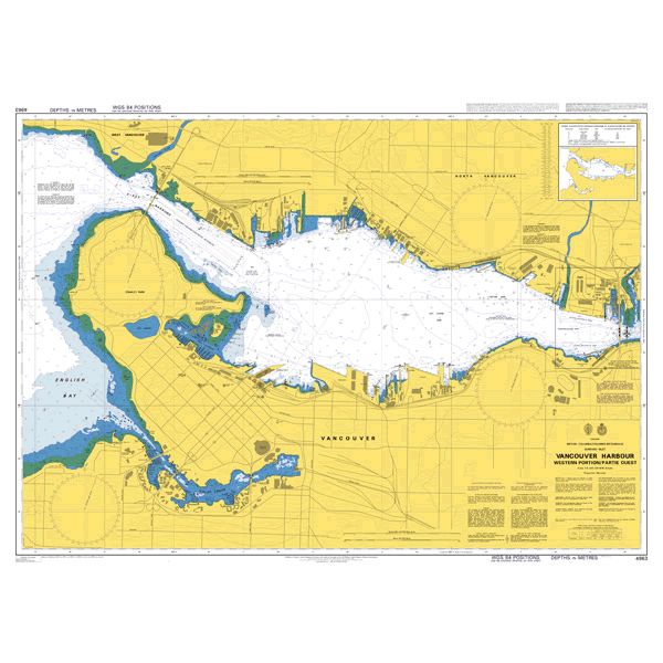 Product image of Admiralty Chart 4963 | Vancouver Harbour Western Portion/Partie Ouest, featuring navigational markings, depth soundings, and coastal features, essential for safe marine navigation. It could be displayed as an art piece or used for navigation on a boat or ship.