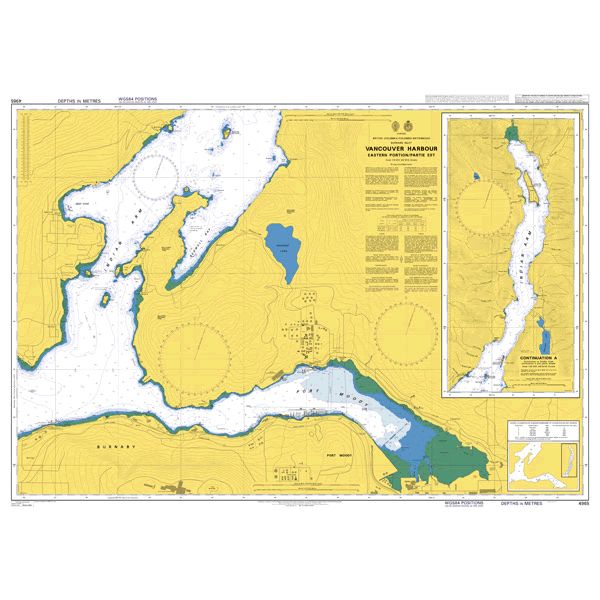 Product image of Admiralty Chart 4965 | Vancouver Harbour Eastern Portion/Partie Est, featuring navigational markings, depth soundings, and coastal features, essential for safe marine navigation. It could be displayed as an art piece or used for navigation on a boat or ship.