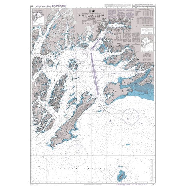 Product image of Admiralty Chart 4979 | Prince William Sound and Approaches, featuring navigational markings, depth soundings, and coastal features, essential for safe marine navigation. It could be displayed as an art piece or used for navigation on a boat or ship.