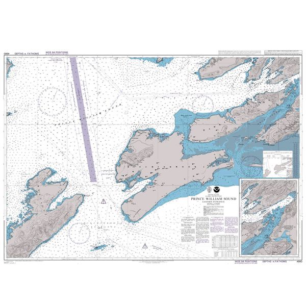 Product image of Admiralty Chart 4980 | Prince William Sound, featuring navigational markings, depth soundings, and coastal features, essential for safe marine navigation. It could be displayed as an art piece or used for navigation on a boat or ship.