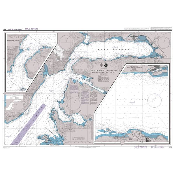 Product image of Admiralty Chart 4982 | Prince William Sound Valdez Arm and Port Valdez, featuring navigational markings, depth soundings, and coastal features, essential for safe marine navigation. It could be displayed as an art piece or used for navigation on a boat or ship.