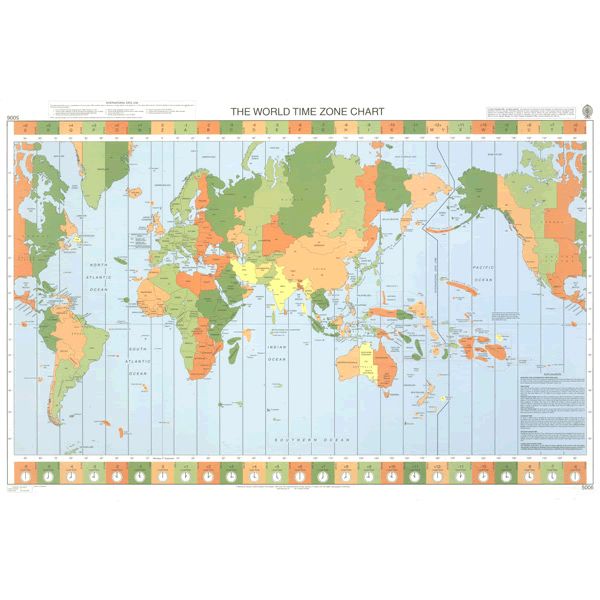 Product image of Admiralty Chart 5006 | The World - Time Zone Chart, featuring navigational markings, depth soundings, and coastal features, essential for safe marine navigation. It could be displayed as an art piece or used for navigation on a boat or ship.