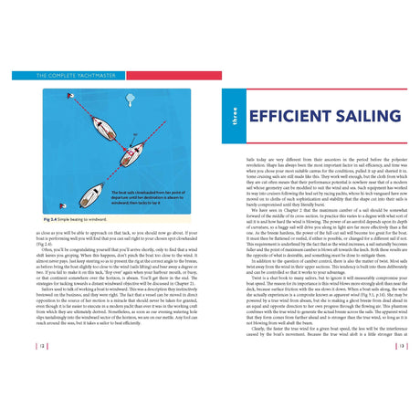 A two-page spread from an instructional sailing book titled "The Complete Yachtmaster" by Adlard Coles. The left page features an illustration labeled "Fig 3.4 Simple beating to windward," depicting two sailboats tacking back and forth against the wind. The right page, crucial for RYA Yachtmaster certification, delves into navigation principles and effective seamanship techniques.