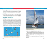 A spread from "The Complete Yachtmaster" by Adlard Coles is perfect for those pursuing their RYA Yachtmaster certification. It includes text on oversheeting, scandalizing, and mooring under sail, accompanied by an image of the sailboat GBR 6342 with three people onboard—one standing and holding the mast. Additionally, diagrams are provided.