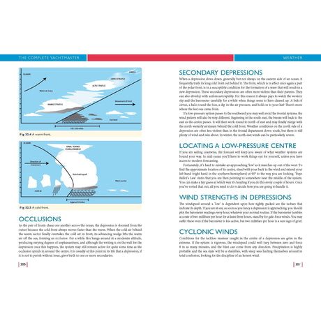 Two diagrams demonstrate warm and cold front occlusions. A warm front occurs when warm air rises above cooler air, forming clouds and precipitation, while a cold front happens as advancing cold air forces warm air upward, resulting in tall clouds. The right panel draws parallels to navigation principles discussed in "The Complete Yachtmaster" by Adlard Coles, often referenced in RYA Yachtmaster certification courses.