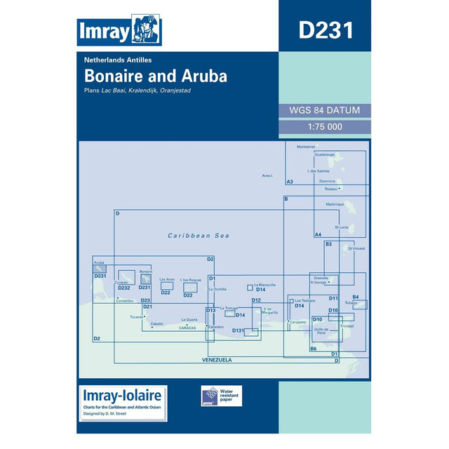 Imray Chart D231: Bonaire and Aruba by Imray is a waterproof nautical chart for Eastern Caribbean navigation, featuring a map index, 1:75,000 scale, and WGS 84 datum.