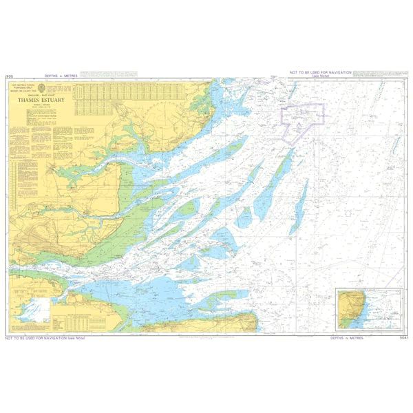 The Admiralty Instructional Chart 5041 | Thames Estuary by Admiralty is a comprehensive maritime navigation resource that provides detailed information on water depths, coastal geography, and navigational aids. It features various markings and color codes to designate different areas, displaying land in yellow and water in blue, along with prominent shipping routes for mariners.