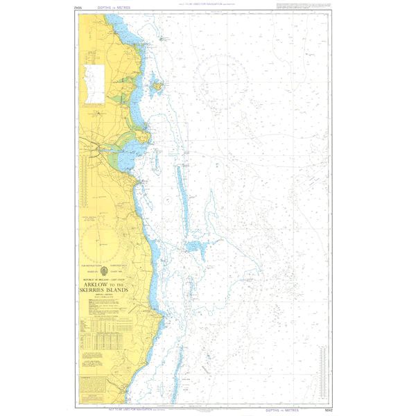 Admiralty Instructional Chart 5042, covering the Arklow to the Skerries Islands region, provides detailed navigational information, including water depths, commercial shipping routes, and land features along the coastline. The chart uses contour lines, symbols, and waterway information to highlight navigational hazards and other relevant maritime details.