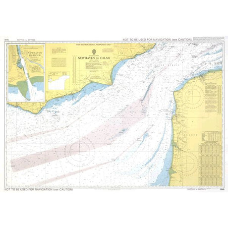 The Admiralty Instructional Chart 5046 | English Channel - Newhaven to Calais by Admiralty depicts the area from Newhaven (UK) to Calais (France). It includes detailed sections featuring coastal features, depths, commercial shipping routes, and navigational aids. The chart is marked with "Not to be used for navigation" at the top and bottom and labeled "For instructional purposes only.