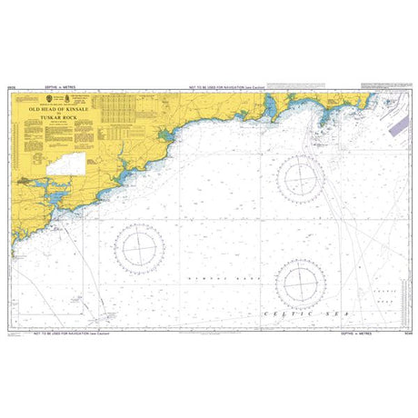 The Admiralty Instructional Chart 5048 | Old Head of Kinsale to Tuskar Rock offers detailed navigation information for the southern coast of Ireland, from the Old Head of Kinsale to Tuskar Rock. Featuring yellow-shaded land areas and a white sea with precise depth measurements, this chart provides essential coastal details and compass roses for safe coastal navigation.