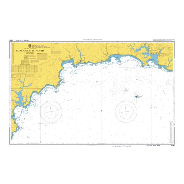 Admiralty Instructional Chart 5050 | Falmouth to Plymouth provides a detailed nautical chart of the coastline and navigational details from Falmouth to Plymouth, including coastal topography, water depths, and commercial shipping routes. The ADMIRALTY Standard Nautical Charts feature a yellow and white background with data on the left and compass roses near the center.