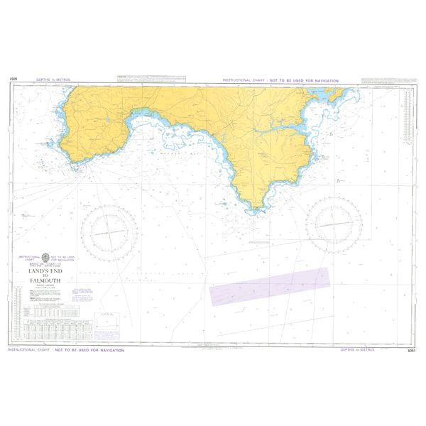 The Admiralty Instructional Chart 5051 | Land's End to Falmouth by Admiralty depicts the coastline and surrounding waters from Land's End to Falmouth. Created in accordance with ADMIRALTY Standard Nautical Charts, it features detailed markings of depths, navigational aids, and geographic features. The coast is highlighted in yellow, with the sea shown in white and blue contours.