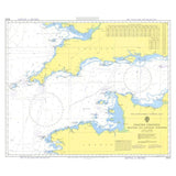 The Admiralty Instructional Chart 5053, branded by Admiralty, illustrates the western and central portions of the English Channel. It features detailed coastlines of England and France, depth measurements in meters, and navigational routes. The chart also marks various important locations including islands and ports. Intended for instructional purposes only, it complies with SOLAS regulations.