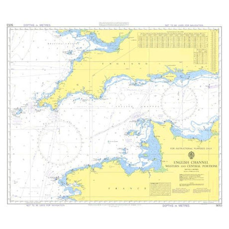 The Admiralty Instructional Chart 5053, branded by Admiralty, illustrates the western and central portions of the English Channel. It features detailed coastlines of England and France, depth measurements in meters, and navigational routes. The chart also marks various important locations including islands and ports. Intended for instructional purposes only, it complies with SOLAS regulations.