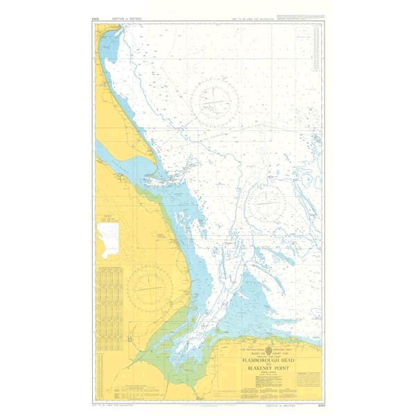 A detailed nautical chart showing the coastal region near Flaxman Island in Alaska. The Admiralty Instructional Chart 5054 features bathymetric contours, navigational markers, commercial shipping routes, and topographic information with a color-coded depth gradient. The title block reads "Flamborough Head to Blakeney Point.