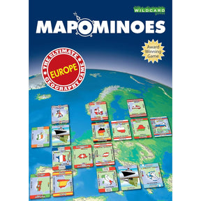 The Mapominoes Europe board game box cover features European country map playing cards scattered over a globe, with a circular red seal that reads “The Ultimate Europe Geography Game” for this educational travel game.