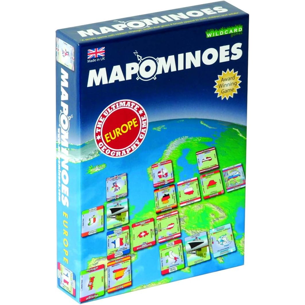The Mapominoes Europe game board box features a map of Europe with playing tiles depicting various countries arranged on top.