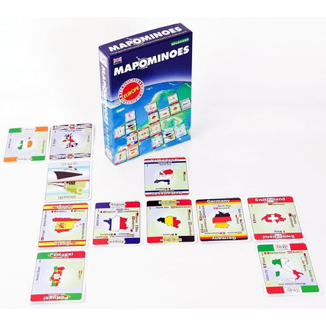A Mapominoes Europe geography game box with scattered playing cards displaying maps, country names, and the national flags of European countries.